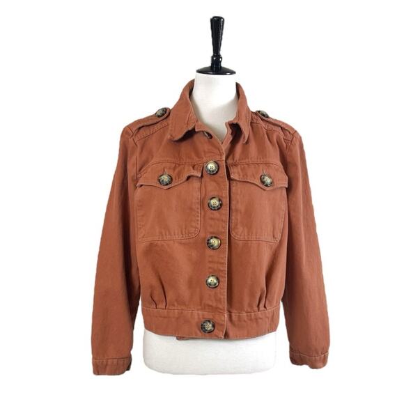 Free People Denim Jean Jacket Button Front Terracotta Orange Women’s Size Medium - Picture 1 of 13
